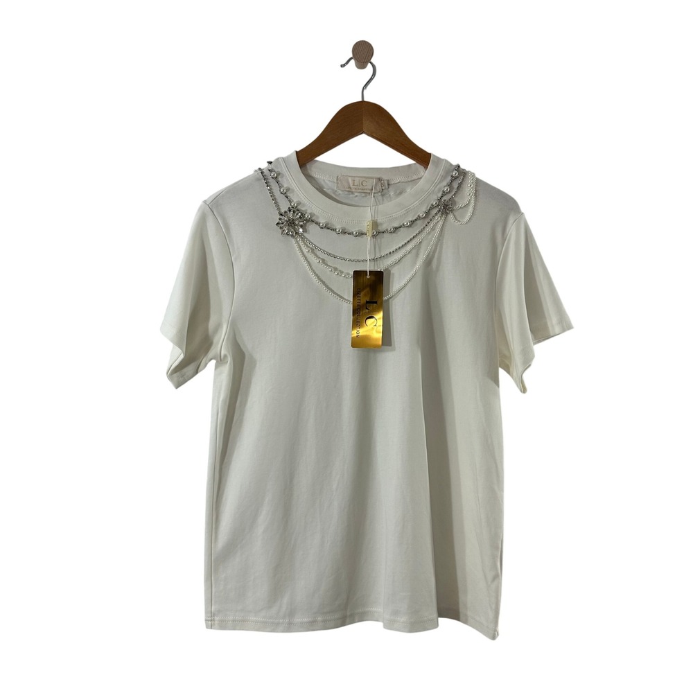 Lizette Collection White Embellished Pearl Rhinestone Necklace T-Shirt Small NEW